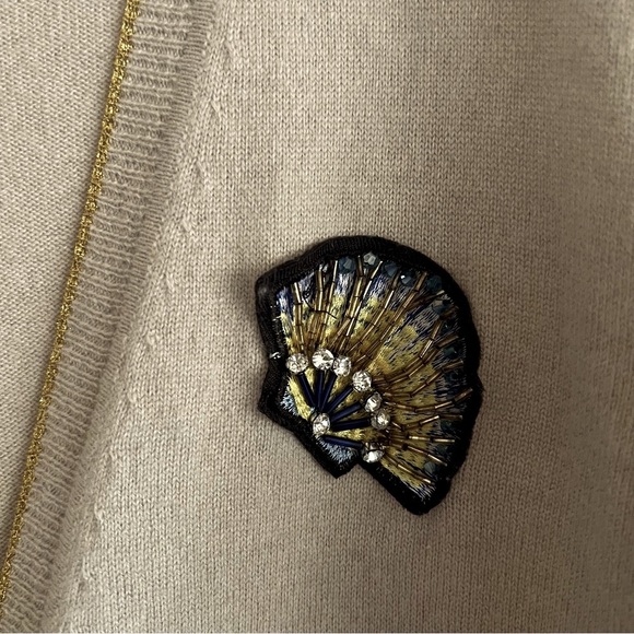 Le Superbe Oatmeal Beach to Bar Cashmere Cardigan, bejewelled shell, pockets, M - Picture 11 of 15